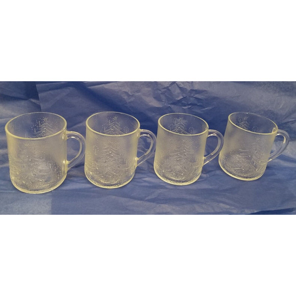 DURALEX made in France 11.5 ounces 4 clear cups with etched Christmas trees vint - Picture 6 of 16